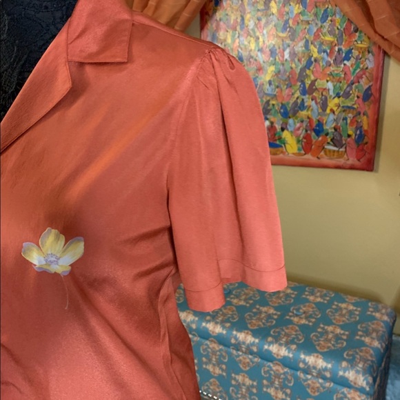 🔵 VTG Jones New York Silk like peach orange blouse hand painted small - Picture 6 of 14